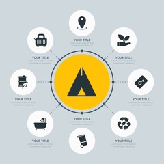 Circle network chart hotel, location, nature infographic template with 8 options for presentations, advertising, annual reports.