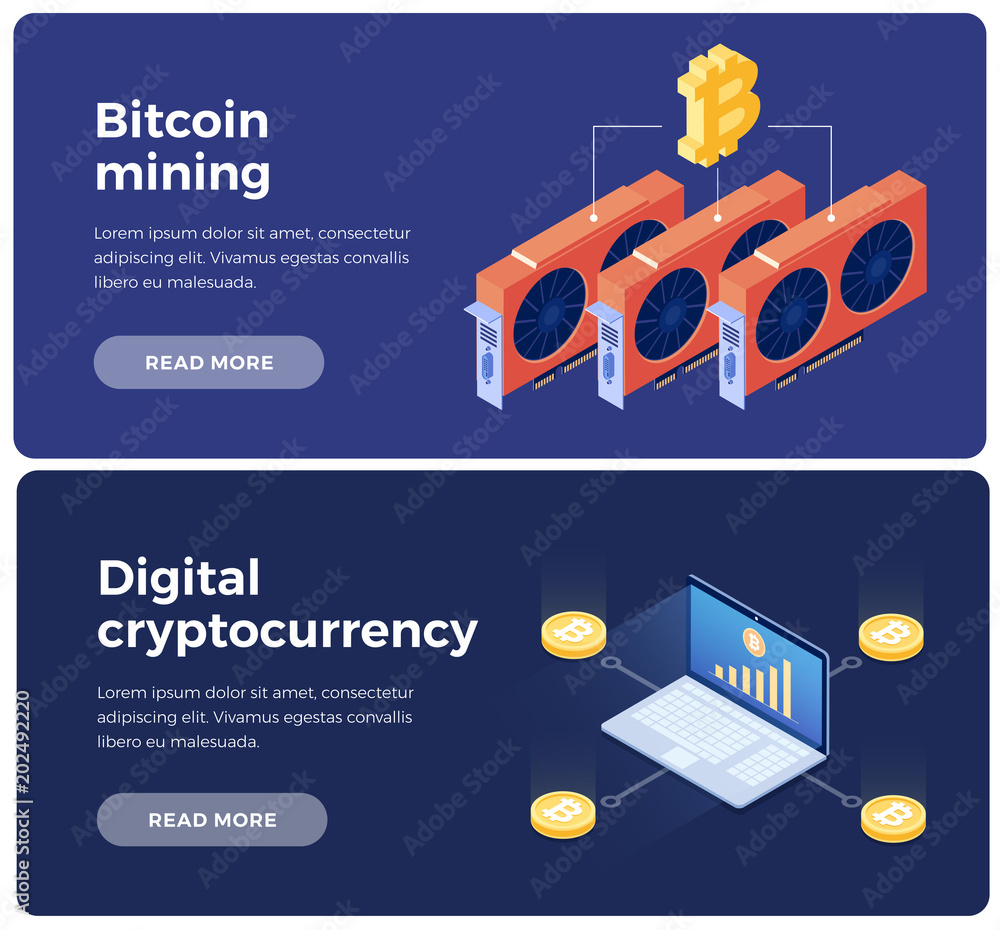 Poster banners on theme of cryptocurrency and blockchain. creation of bitcoins with using video cards. digi