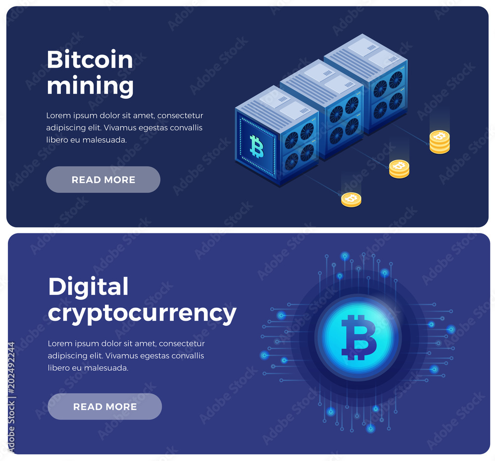 Aufkleber banners on theme of cryptocurrency and blockchain. digital currency or cryptocurrency mining farm. i