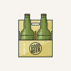 Two green beer bottles in the package isolated on a light background. Beer takeaway. Vector illustration.