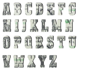 alphabet a b c d e f g, USA dollar banknotes texture. White isolate