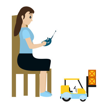 woman sitting and playing with industrisla forklit packages