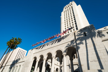 Obraz premium Patrząc na historyczny ratusz w Los Angeles, cienie palm na budynku w wieczornym słońcu