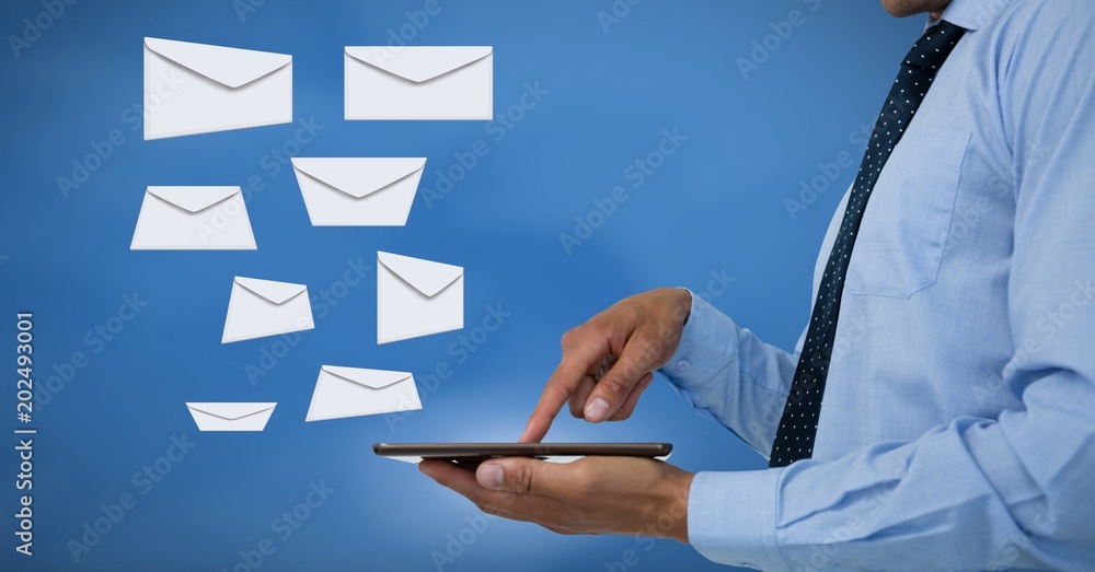 Poster Envelope letter messages and man using tablet