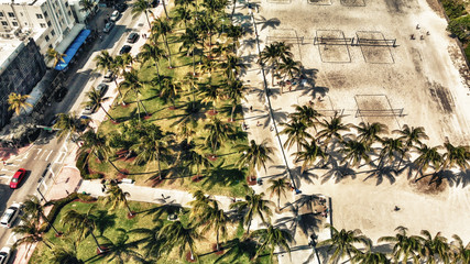 Overhead aerial view of Miami Beach and Ocean Drive Park on a beautiful spring day