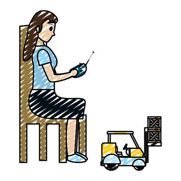 doodle woman sitting and playing with industrisla forklit packages