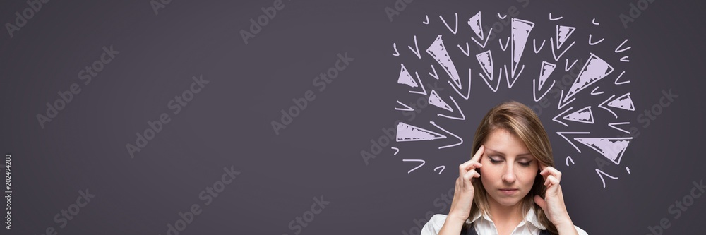 Poster Stressed headache woman with sharp triangle doodles on purple