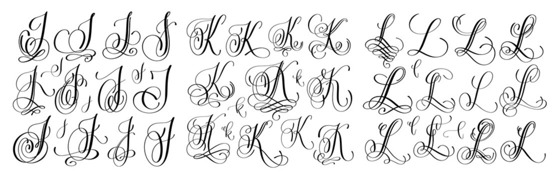 calligraphy letters set J, K and L, script font Isolated