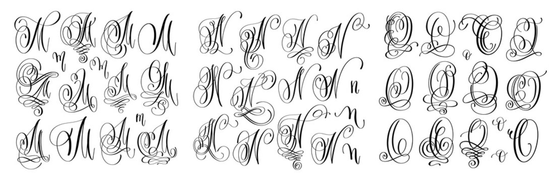 calligraphy letters set M, N and O, script font