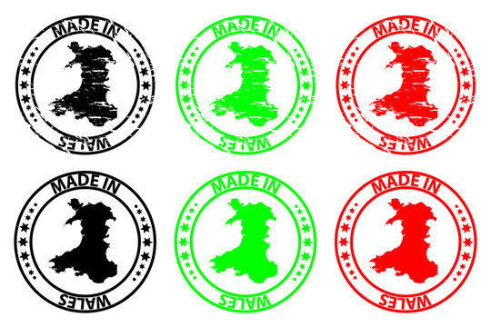 Made in Wales - rubber stamp - vector, Wales map pattern - black, green and red