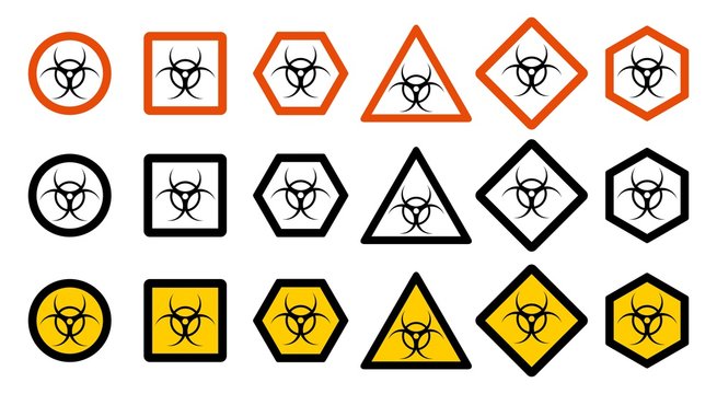 Industry concept. Set of different toxic hazard signs for your web site design, logo, app, UI. Chemical symbol isolated on white background. Dangerous area icons. Vector illustration.