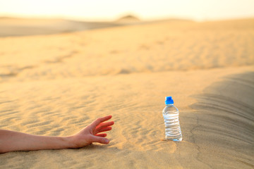 Hand try to catch the bottle of water on sand desert in hot temperature. Concept of to die of thirst. - obrazy, fototapety, plakaty