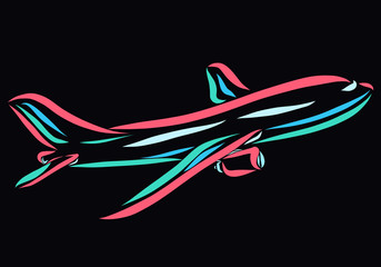 Obraz na płótnie Canvas Colorful flying airplane on a black background
