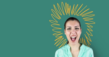 Screaming woman with doodle circle on green background
