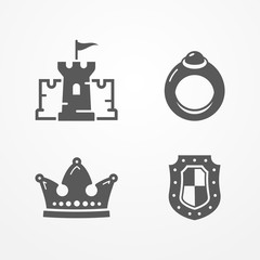 Set of medieval kingdom icons in silhouette style. Castle, shield, ring and crown. Typical medieval symbols of power and reighn. Vector stock image.