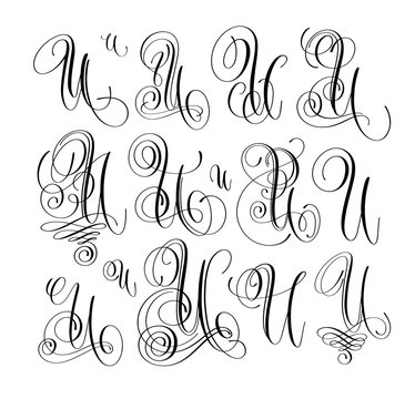 calligraphy lettering script font U set, hand written