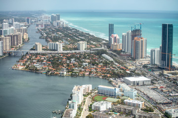 Aerial view of Miami Beach skyline with buildings and bridges