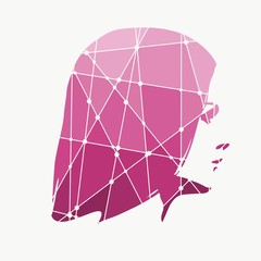 Face profile view. Elegant silhouette of a female head. Long hair. Silhouette textured by lines and dots pattern