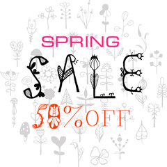 Phrase Spring Sale 50% off. Vector illustration EPS10. Colorful design for poster, card, invitation. Easy editable for design.