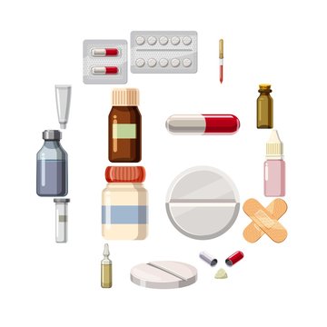 Medicine drugs types icons set. Cartoon illustration of 16 medicine drugs types vector icons for web