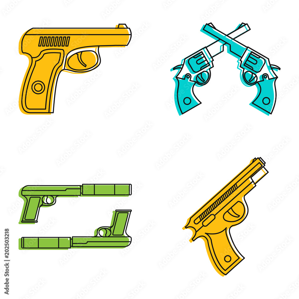 Poster pistol icon set. color outline set of pistol vector icons for web design isolated on white backgroun