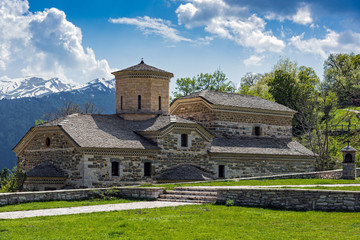 The Agia Paraskevi old stone church outside the Pirra village on Pindus mountains in Thessaly,...