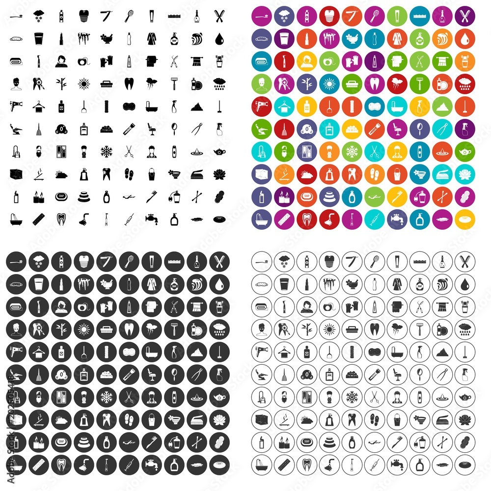 Poster 100 hygiene icons set vector in 4 variant for any web design isolated on white