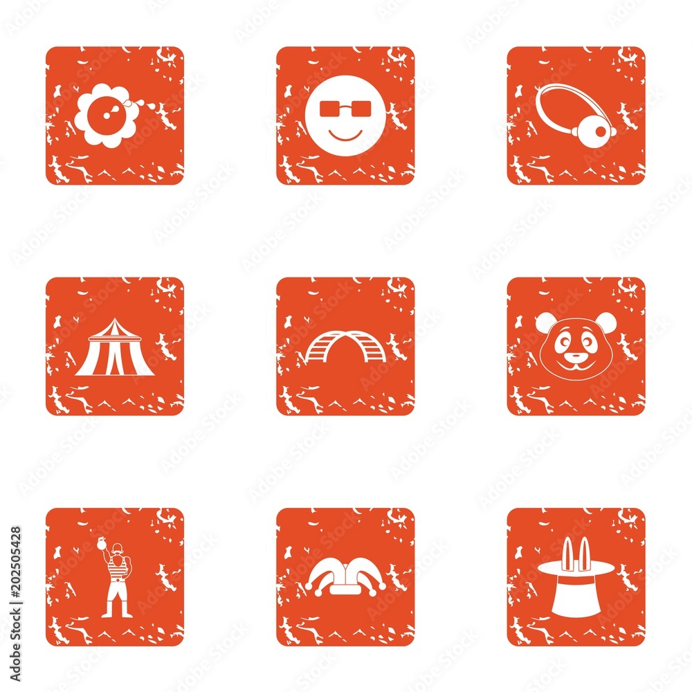 Poster circus style icons set. grunge set of 9 circus style vector icons for web isolated on white backgrou