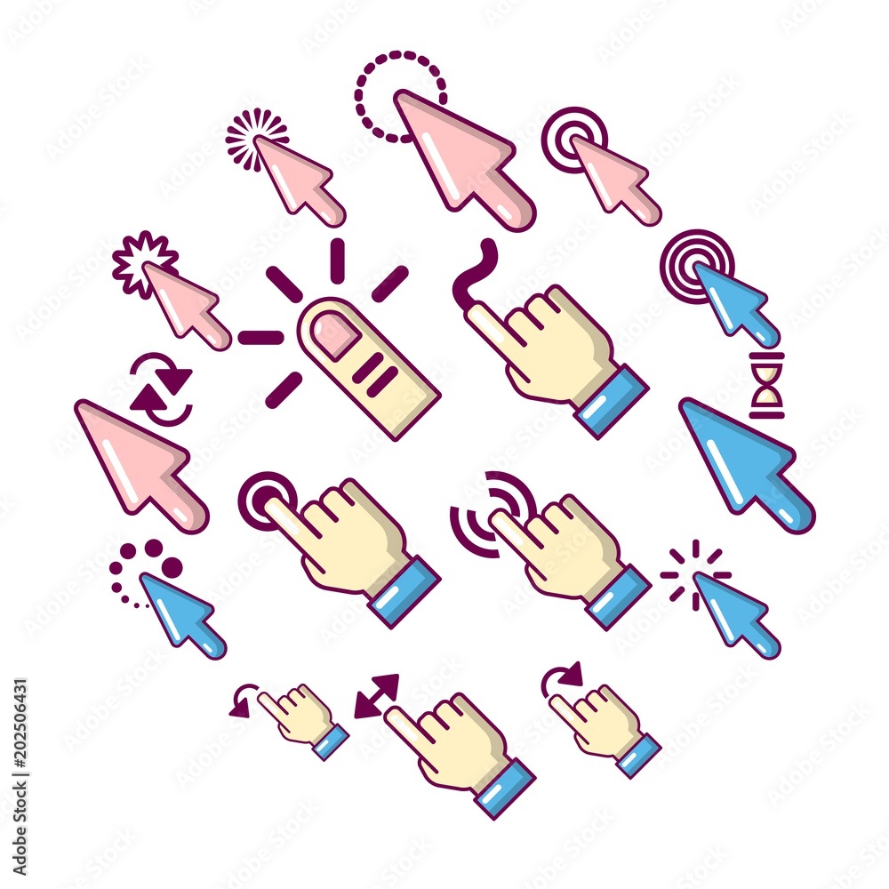 Poster hand click icons set. cartoon illustration of 16 hand click vector icons for web
