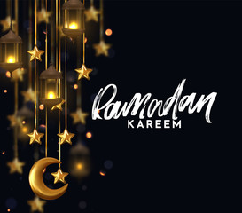 Ramadan kareem. Background design is arabian vintage decorative hanging lamp with bokeh. Decoration light lantern, gold stars on ribbon and golden crescent moon. Hand lettering white color