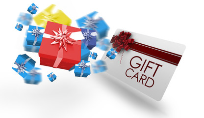 Fototapeta premium Flying christmas presents against gift card with festive bow