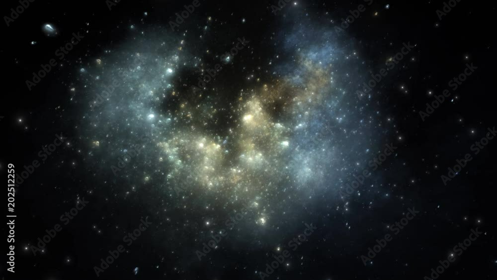 Wall mural space flight through nebula. globular nebula with cometary knots in deep space, animation