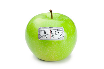 weighing scales against green apple