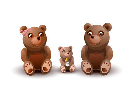 Family of toy teddy bears, mom, father, and daughter. Vector illustration