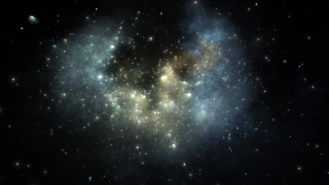 Space Flight Through Nebula. Globular nebula with cometary knots in deep space, animation