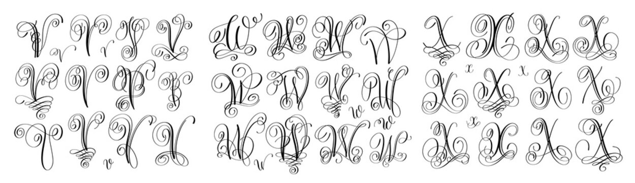 calligraphy letters set V, W and X, script font
