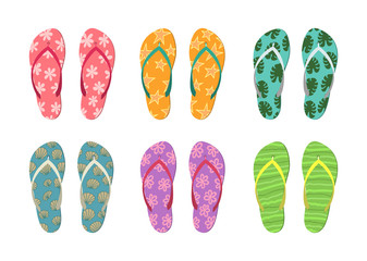 Set of colorful flip flops on white background. Summer vector illustration.