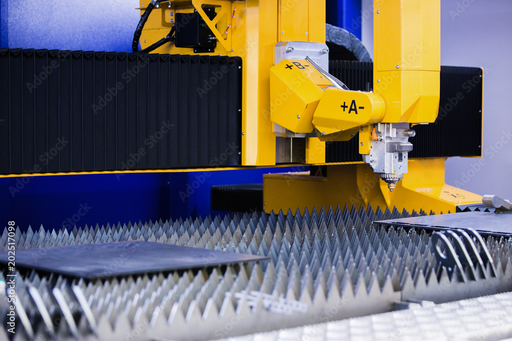 Poster automatic machine with robotic arm for cutting metal. smart factory