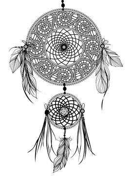 Dreamcatcher, vector illustration. Tribal symbol with feathers.