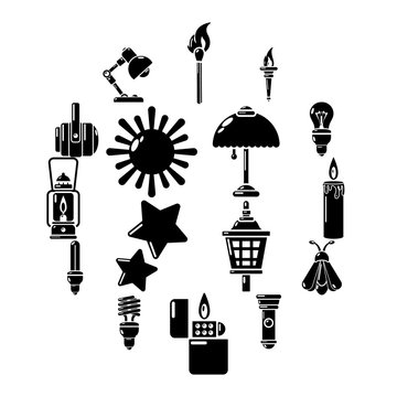 Light source icons set. Simple illustration of 16 light source vector icons for web