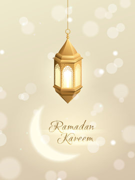 Vector 3d realistic greeting card with hanging gold islamic lantern, shiny moon and a text “Ramadan Kareem”. Light elegant background with effect bokeh.