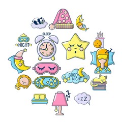 Sleeping icons set. Cartoon illustration of 16 sleeping vector icons for web