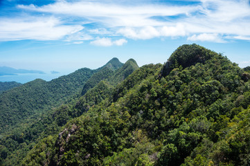 Fototapeta na wymiar Tropical green mountains from the top on tropical island in Malaysia, Langkawi