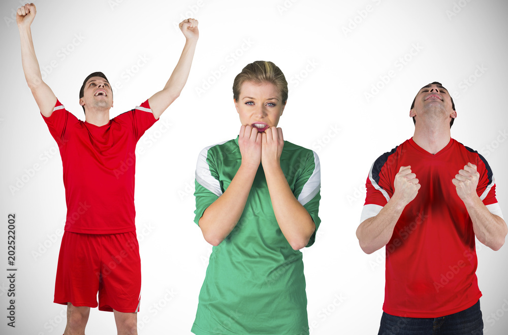 Fototapete composite image of football fans and player against white background with vignette
