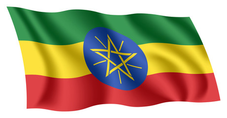 Ethiopia flag. Isolated national flag of Ethiopia. Waving flag of the Federal Democratic Republic of Ethiopia. Fluttering textile ethiopian flag.