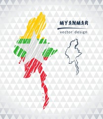 Myanmar vector map with flag inside isolated on a white background. Sketch chalk hand drawn illustration