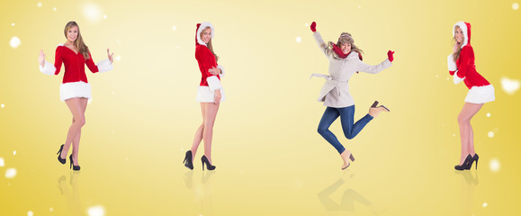 Composite image of different festive blondes against yellow vignette