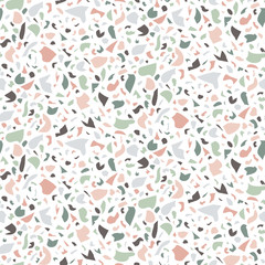 Terrazzo seamless pattern. Print in Classic italian type of floor style .  Vector abstract background with chaotic stains. Green, pink and gray color.