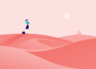 Fototapeta na wymiar Vector business concept illustration with business lady standing at desert hill & watching on horizon city. Metaphor for new aims, goals, purpose, achievements and aspirations, motivation, overcoming.