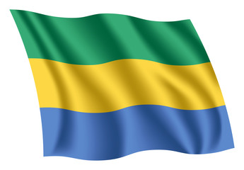 Gabon flag. Isolated national flag of Gabon. Waving flag of the Gabonese Republic. Fluttering textile gabonese flag.